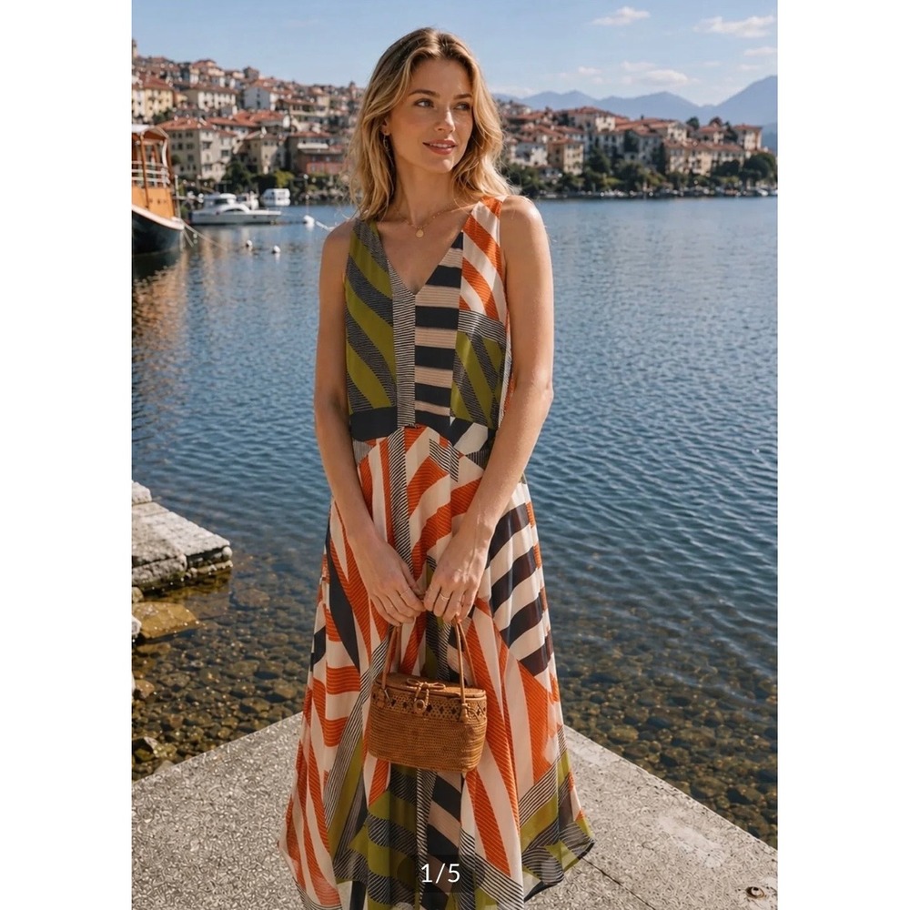 Commense Color Block Striped Asymmetric Midi Dress Orange Olive XS NWT